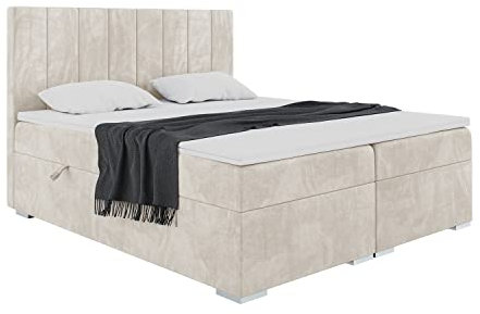 MEBLINI Boxspringbett mit Bettkasten - Gepolstert Doppelbett mit Matratze und Topper - Polsterbett mit Stauraum - Bett mit Kopfteil - Stauraumbett - Puro - 180x200 - H4/Creme Samt