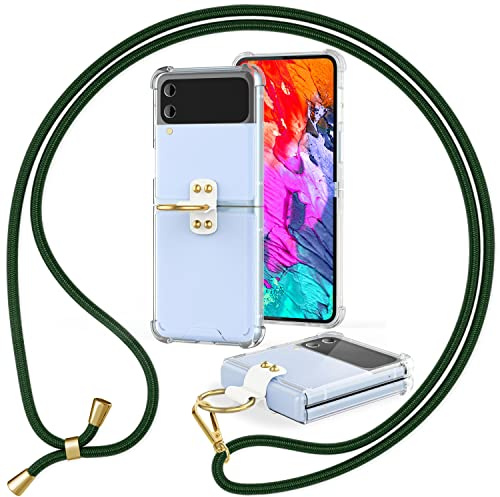 NALIA Klare Handyhülle mit Kette für Samsung Galaxy Z Flip4 Hülle | Dunkel Grün