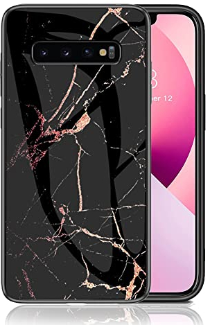 IMEIKONST Kompatibel mit Samsung Galaxy S10 Glitzer Hülle Gehärtetes Glas Rückseite + Stoßfest Weicher Bumper Handyhülle Marmor Kratzfeste Schutzhülle für Samsung S10. Schwarz Gold LSM