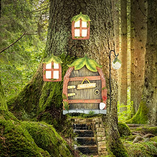 REFORUNG Puertas y Ventanas en Miniatura de Hadas para Árboles de Jardín que Brilla en La Oscuridad - Puerta de Gnomo con Luz de Calle para Decoraciones de Interior