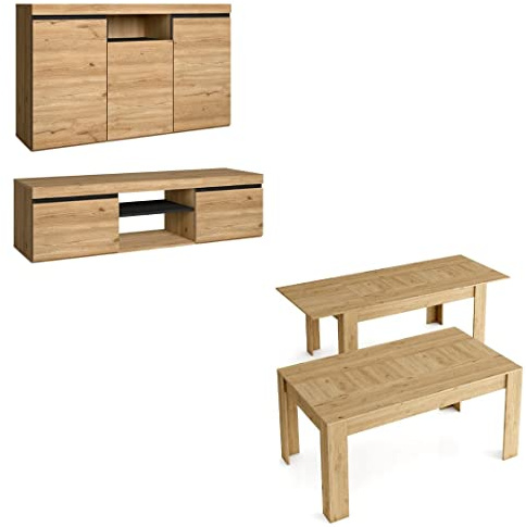 Skraut Home | Wohnzimmermöbel | natürliches Modell | Sideboard, TV-Möbel, Couchtisch und ausziehbarer Esstisch | nordischer Stil | Eiche und Schwarz