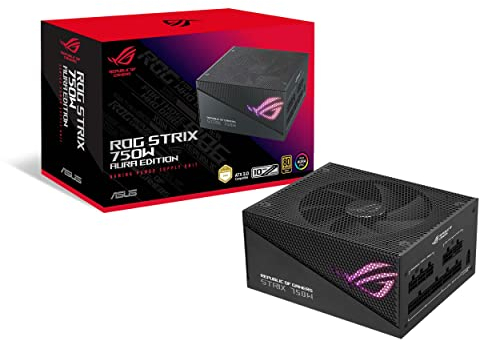 ASUS ROG STRIX 750W Gold Aura Edition – Bloc d'alimentation PC (750 Watt, modulable, 80+ Gold, ATX 3.0 compatible, Lambda A++, PCIE 5.0, Ventilateurs axiaux, Aura Sync RGB)