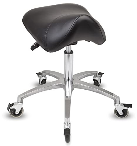 Staboos Rollhocker bis 160 kg - Premium Sattel Sitz mit Neigung, Lehne und Bremse - Praxishocker (Premium Rollen) Drehhocker höhenverstellbar (50 cm bis 65 cm)