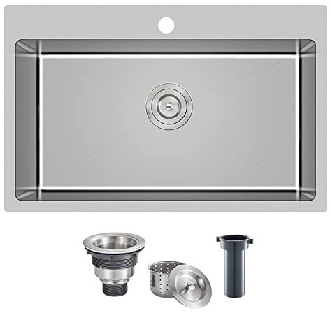 TSIBOMU Fregadero de cocina de 30 x 18 pulgadas, calibre 18, acero inoxidable 304, hecho a mano, un solo agujero para grifo, fregadero frente visto de montaje superior, cepillado