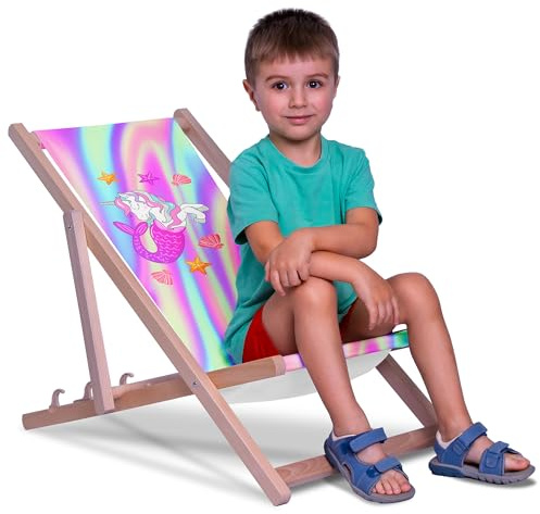 DreamRoots Kinder Liegestuhl Holz Gr. S, Sweet Mercorn | Klappbarer Campingstuhl faltbar, für Garten & Strand, bis 130 kg, waschbarer Bezug, 100% Polyester, UV-beständig, Kinderliege