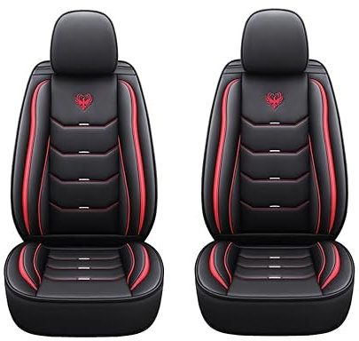 2 Universelle Sportlich Schonbezüge für Autositze in Kunstleder, Sitzbezug Auto Vordersitze mit Kopfstützen, Sitzauflage für Pkw Kompatibel mit Seitairbags, Dynamischer Look (2 Rote Sitzbezüge)