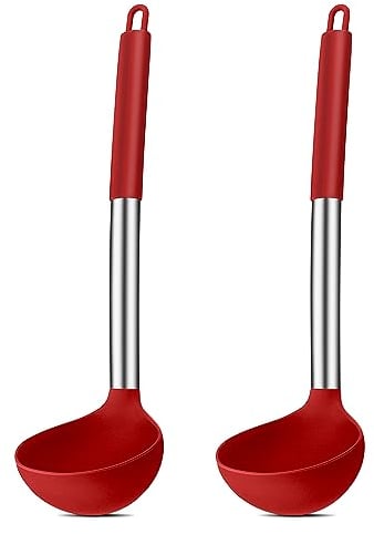 Joyfair - Set di 2 mestoli in silicone, resistenti al calore, con manico in acciaio inox, 30 cm, per cucinare/mescolare/servire, sano e antiaderente, colore: rosso
