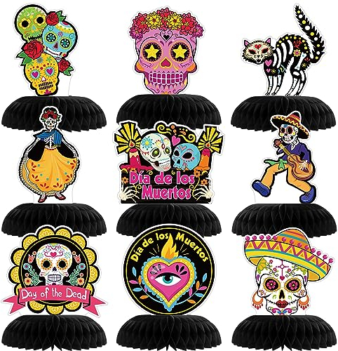 DPKOW 9Stk Bienenwabe Mittelstück für Tag der Toten Tischdekoration, Zuckerschädel Papier Bienenwaben Deko für Día De Los Muertos Tischdeko Tag der Toten Tischaufsätze, Halloween Mexiko Motto Deko