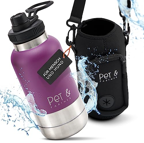 PET & PARTNER Trinkflasche Edelstahl | Inkl. 2x Hundenapf für unterwegs & Kotbeutelspender [+ EXTRAFACH] Tasche + Trinkflasche 950ml - Farbe wählbar