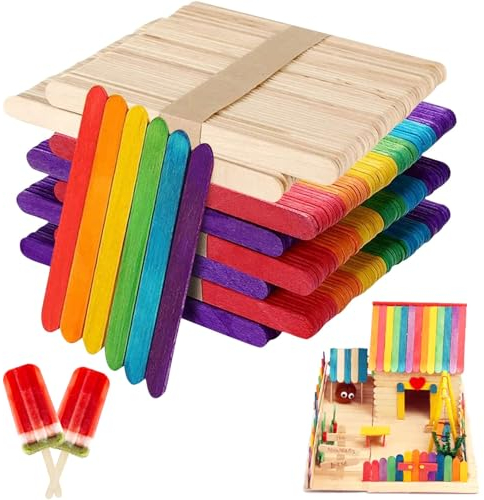 400 Stück Eisstiele Holz, Bunte Holzstäbchen, Holzstäbe zum Basteln, Eisstäbchen Holzspatel zum Basteln, Popsicle Sticks Eisstiele aus Holz für Popsicle Herstellen, DIY Handwerk Bastelarbeiten(B)