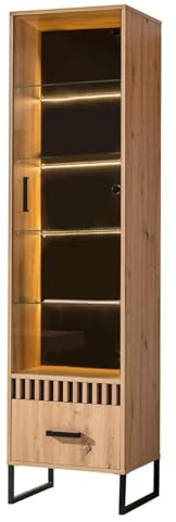 Vitrine avec Tiroir MELLE, 50x196x40 cm, Porte Vitrée et 4 étagères en Verre, Pieds Métal, Poignées Métal, Panneau Décoratif avec ou sans Lattes - Chêne Artisan/Noir Mat, avec éclairage LED