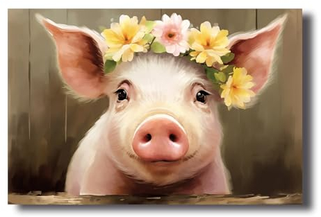 LZIMU Schwein Leinwand Bilder süßes rosa Schwein mit Blumen Poster Drucke lustige Tiere Bild rustikales Bauernhaus Kunstwerk Badezimmer Wanddekoration Gerahmt (Bild-1, (40.00 x 60.00 cms))