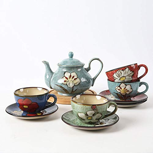 Juego de Tazas Retro Pintado a Mano, Juego de Taza de Café de Cerámica y platillo esmaltado al Horno, Caja de Regalo, una Maceta, Cuatro Tazas, Cuatro Tazas de café
