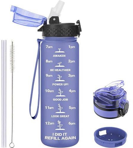 GOPPUS 500ml/17oz Kids Water Bottles with Straw Tritan Childrens Bottle with Flip Top Lid BPA Free Measured Drinks Bottles with Strap for School Girls Boys Sports Reusable Time Markings Leakproof