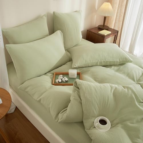 YASMENG Doppelte Muslin Bettwäsche 155x220 Grün Bettwäsche Muslin 100% Baumwolle Bettwäsche Weich Atmungsaktiv Kuschelige Bettwäsche 3 Teilig mit Reißverschluss und 2 Kissenbezüge 80x80 cm