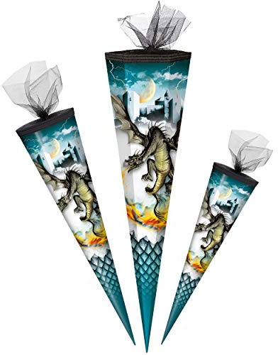 alles-meine.de GmbH Schultüte - mit 3D Glitzer - Effekt ! - Drache & Ritterburg - Feuerdrache - 50-85 cm - Größe wählbar - rund - Tüllabschluß - Zuckertüte - mit - ohne Kunstst..