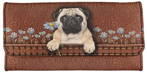 Kuiaobaty Modische Damen-Geldbörse, multifunktional, Clutch, Organizer, Kartenfächer, Reißverschlusstasche, schlanke Brieftasche für Frauen und Mädchen, Mops-Blume, Casual