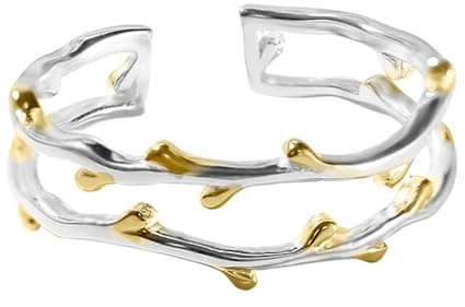 Layered Leaf 925 Sterling Silver Open Band Ring for Women Adjustable Double Line Gold Leaves Lovely Comfort Fit Finger Ring Hypoallergenic Wedding Promise Statement Jewelry Gifts