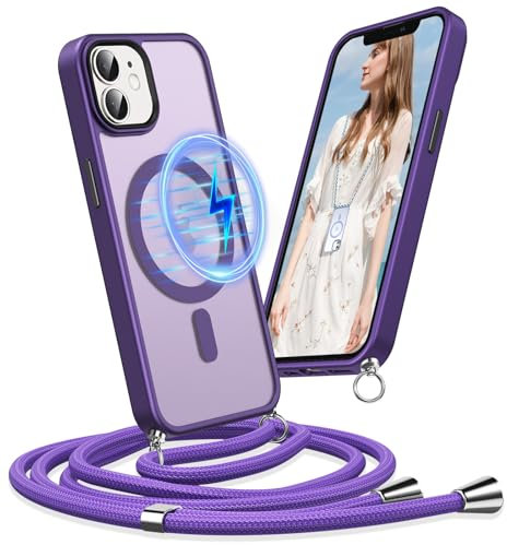 Buoluoioir Funda Magnética para Apple iPhone 12/12 Pro iPhonecon Cuerda, Compatible con MagSafe, TPU Suave Silicona Carcasa con Collar Correa para iPhone 12/12 Pro 6.1, AntiChoque Cover-Púrpura