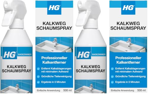 HG Kalkweg Schaumspray, professioneller Kalkentferner für das Badezimmer, entfernt Flecken und Ablagerungen von Duschköpfen, Armaturen, Badewannen und Ablagen (500 ml) (Packung mit 2)