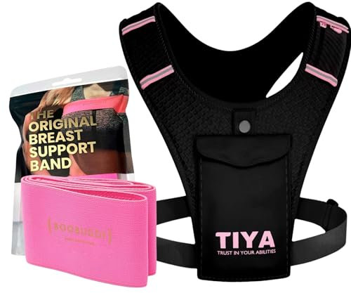 TIYA Women's Running Vest + Boobuddy Breast Support Band - Zero Bounce Runners Accessory Set - 100% Waterproof Phone Holder Pouch & High Impact Compression Chest Strap (Black/Pink), Large