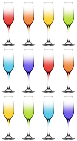 LAV 215ml Fame Glass Champagne Flutes - Full Colour - 12x Reusable Wedding Anniversary Birthday Hen Party Prosecco Wine Cocktail Glasses Set