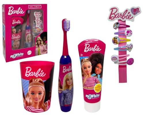 Barbie Zahnpflege-Zubehör-Set für Kinder, 4 Stück, elektrische Zahnbürste, Zahnpasta, Glas, Klammern