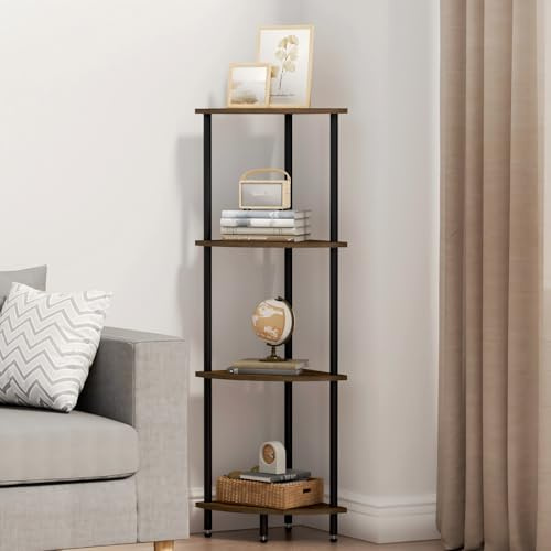 QLSPTFTS 4 Tier Corner Shelf, Bookcase for Small Spaces, Corner Display Shelf, Plant Stand, Rustic Brown and Black,Suitable for Bedroom,Living Room,Kitchen