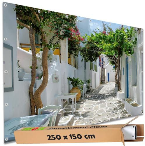 TRIOSK Sichtschutz Garten Deko Zaun Plane Blickdicht groß mit Zaunblende Motiv Natur Griechenland Gasse Naousa für Balkon Terrasse Zaunelement Doppelstabmatten Gartenzaun PVC 250x150 cm