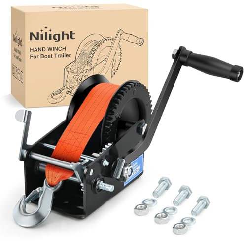 Nilight Boat Trailer Winch 3500 LBS Hand Crank Winch Heavy Duty Boat Winches with 33 FT Orange Strap Rope Hook Two Way Ratchet 4:1 8:1 Gear Portable Marine Manual Winch for Trailers Boat RV ATV Towing