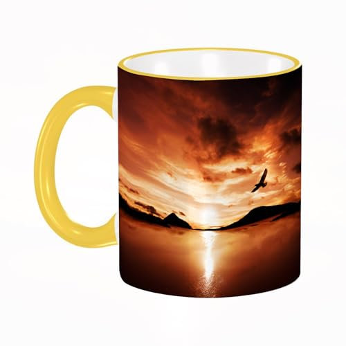 YOIUE Tasse aus Keramik - Große 11oz Tassen 330ml Kaffeetassen mit Henkel, 100% Handbemalt - Trinkgläser mit Griff - Weiß,Fliegende Vögel Ein Seevogel fliegt in den atemberaubenden Sonnenuntergang Be