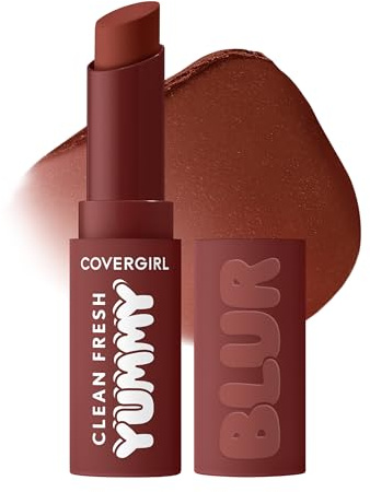 COVERGIRL Clean Fresh Yummy Blur Lipstick, Blurring Effect, Matte Lip Color, Fresh Pear Flavored, Vegan Formula - 180 Hunny Blur (Deep Plum)