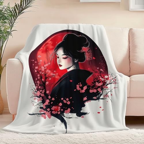 Decke Weich Flanell Plüsch Fleece Wohndecke Karikatur Japanische Geisha Muster Überwurf, Leichte Gemütliche Plüschdecke Weiß für Schlafzimmer Wohnzimmer Sofa Tagesdecke Decke 130 x 150 cm