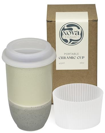 NOVA Ceramics Reisebecher – Keramik-Kaffeetasse mit Deckel – mikrowellen- und spülmaschinenfest, Kaffeebecher in Weiß und Grau – Geschenke für Frauen, Männer, Sie – 473 ml – Nebel