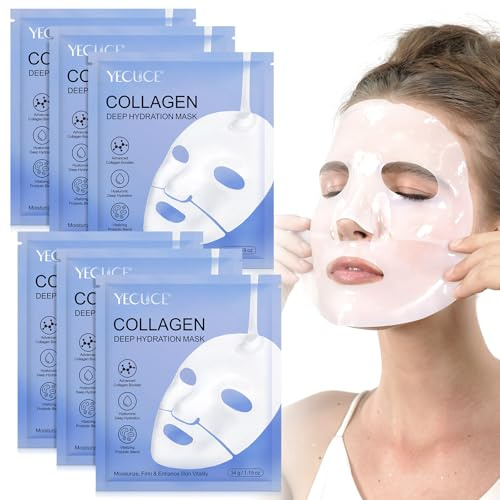 Maschera per il viso al collagene da 6 pezzi, maschera per il viso notturna profonda, maschera per la notte al collagene biologico per pelli secche e disidratate, minimizzazione dei pori, Uso Esterno
