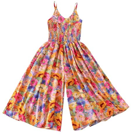 Kids Dungarees 9 Years Teen Playsuit Beach Wide Leg Bohemia Kid Dungarees Pleated Boho Rompers Girls Boho Floral Suspender Jumpsuit Cotton Yellow Childrens Painting Overalls Girls Jumpsuit Age 9 Years