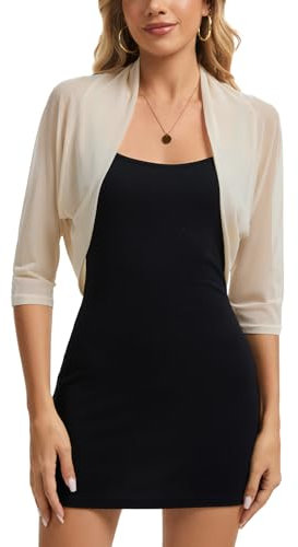 MINTLIMIT Damen Bolero Sheer Mesh Offene Vorne Strickjacke 3/4 Ärmel Cardigan Sommer Bolerojacke (Beige L)
