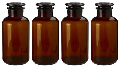 UNIQUE HOME LIVING Apothecary Jar Set of 4 Reagent Bottles, 250ml Amber Glass Storage Jars with Lid, Reusable Vintage Refillable Container for Herbs, Spices, Oils, Bath Salts, Lotion, Perfume