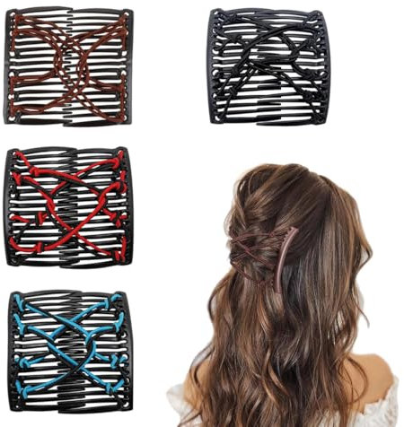 KUMSODE Lot de 4 pinces à cheveux élastiques à double peigne extensibles pour cheveux épais Peignes magiques vintage réglables Accessoires de coiffure