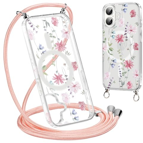 Krdvekm Coque avec Cordon pour iPhone 16 Plus 6,7'', Aesthetic Fleur Motif Magnétique Transparente PC Compatibilité avec MagSafe Cover avec Laniere Accroché Housse Antichoc Protection Case, Rose