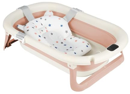 Homewell Faltbare Babybadewanne mit Kissen und Thermometer, 0-24 Monate, tragbare Reisedusche, Kinderbadewanne für Neugeborene, 43 x 71 x 18,5 cm (Rosa)