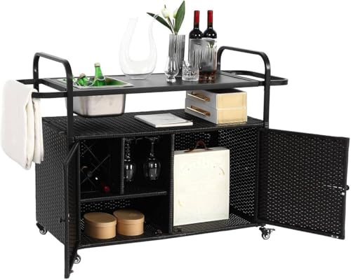 Outdoor-Stehtisch mit Unterschrank, Servierwagen aus PE-Rattan & Stahlblech, mit Eiskübel, 360°-Rollen, Seitenkorb, Eisbehälter - Allwettergeeignet für Garten, Pool & Terrasse,A