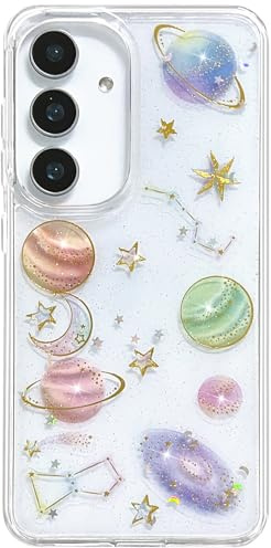 Abbery Handyhülle für Samsung Galaxy S24/S25 5g Hülle, Glitzer Durchsichtig mit Planeten Muster Design Sterne Mond Motiv Süß Kawaii Schutz Frauen Mädchen Stoßfest Anti-Kratzer Schutzhülle (Universum)