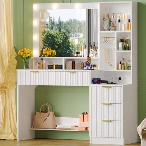 Devoko Schminktisch mit LED Beleuchtung und Spiegel,Frisiertisch mit Steckdosen und 5 Schubladen,6 Schmuckhaken und Offenen Ablagen, Vanity Desk für das Schlafzimmer (Weiß)