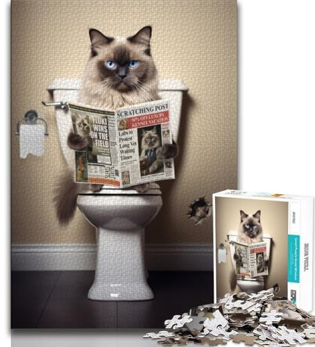 Puzzle für Teenager Maine-Coon-Katze auf Toilette Puzzles für Teenager Familienunterhaltungsspielzeug mit passendem Poster und Quizblatt 38x26cm