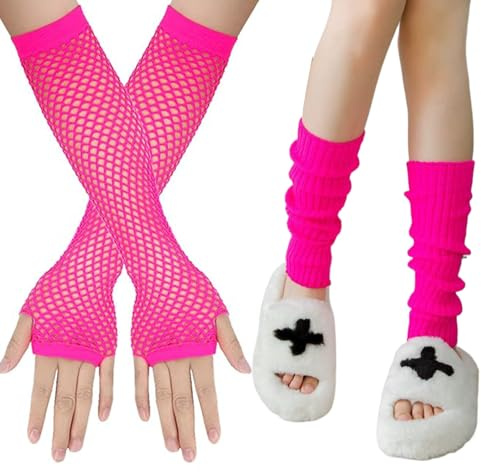EUYKQNOI Jambières sexy + de gants longs rose,Guêtre fluo pour les costumes des années 80-90 pour les fêtes à thème, le carnaval ou pour danser - Femmes taille unique