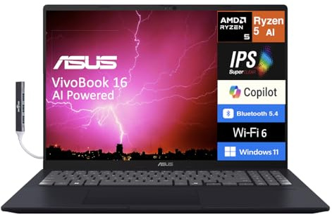 ASUS Vivobook 16 AI Powered Laptop 16.0 IPS WUXGA Display (AMD Ryzen AI 5 330, 16GB DDR5, 512GB SSD, AMD Radeon, WiFi 6, Webcam, Bluetooth 5.4, Win 11 Home) w/DKZ USB Port Expander