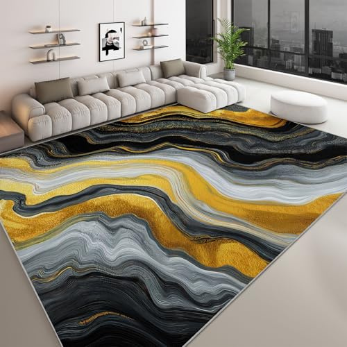 Generisch Waschbarer Abstrakt Teppich Wohnzimmer 180 x 240 cm, Weicher Luxuriöser Schwarzer Und Goldener Marmor Teppich Rutschfester Badezimmerteppich für Schlafzimmer, Esszimmer, Büro Bereich Dekor