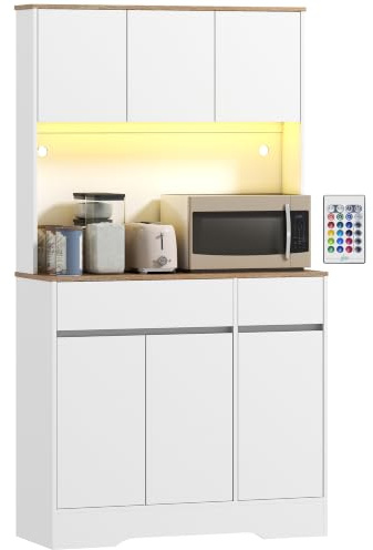 HOMCOM Küchenbuffet mit LED RGB-Licht 100x38x180cm Weiß und Natur | Hoher Küchen-Aufbewahrungsschrank mit Arbeitsplatte, 6 Türen, 2 Schubladen, verstellbare Regale inkl.