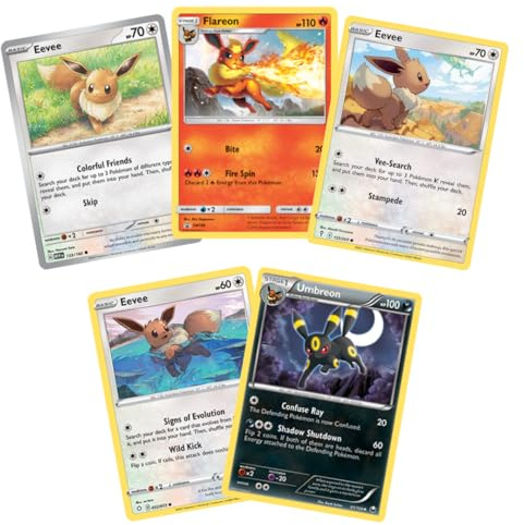Pokémon Karten Set Englisch - 5 Karten nur Evoli/Eevee und Entwicklungen - Zufällig zusammengestellt - Original Pokémon Sammelkarten - Keine Duplikate